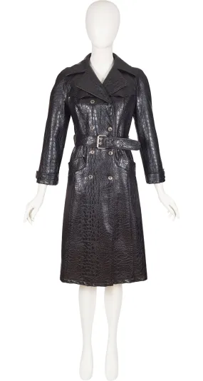 1970s Black Faux Crocodile Double-Breasted Trench Coat