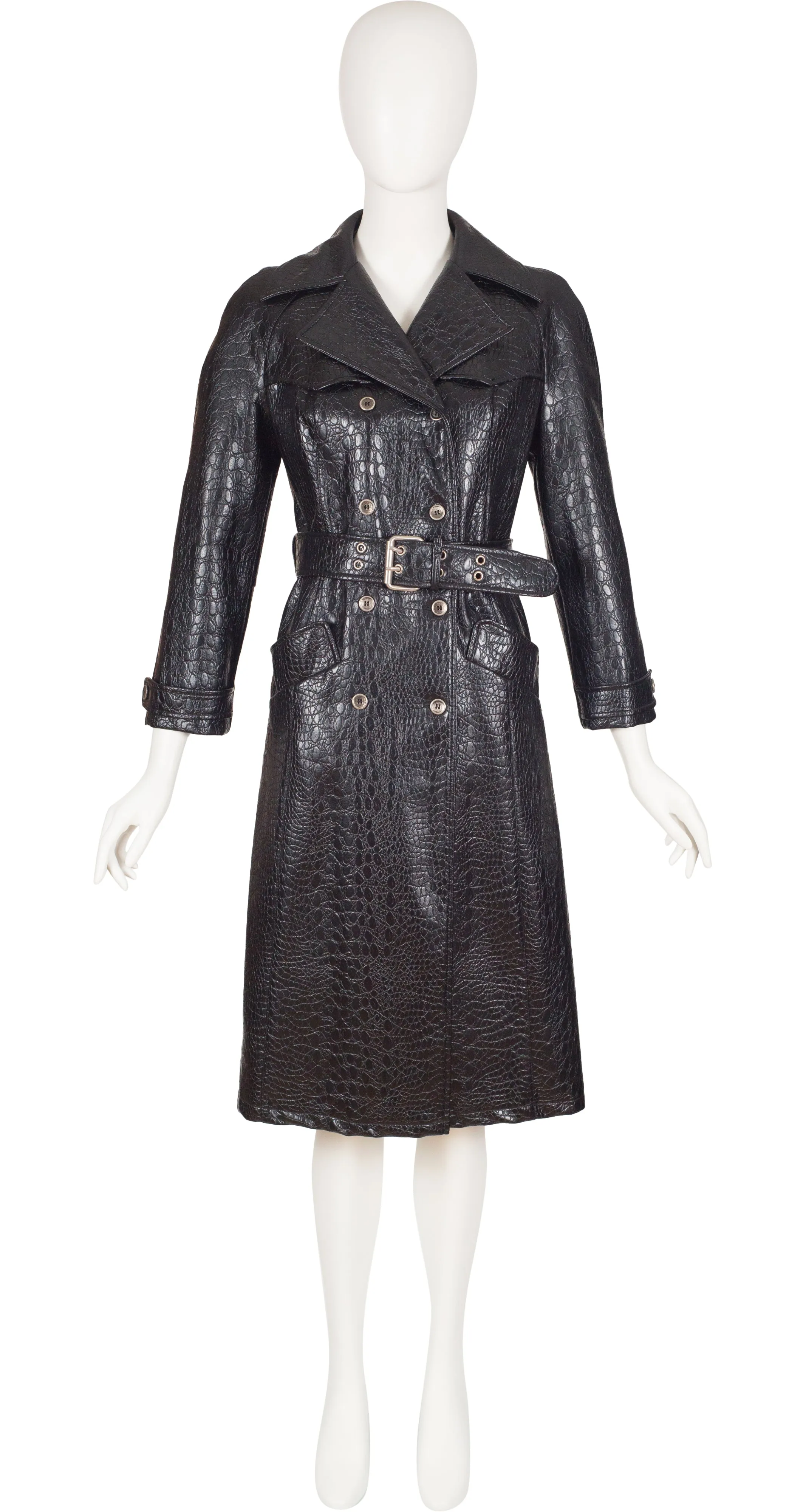 1970s Black Faux Crocodile Double-Breasted Trench Coat
