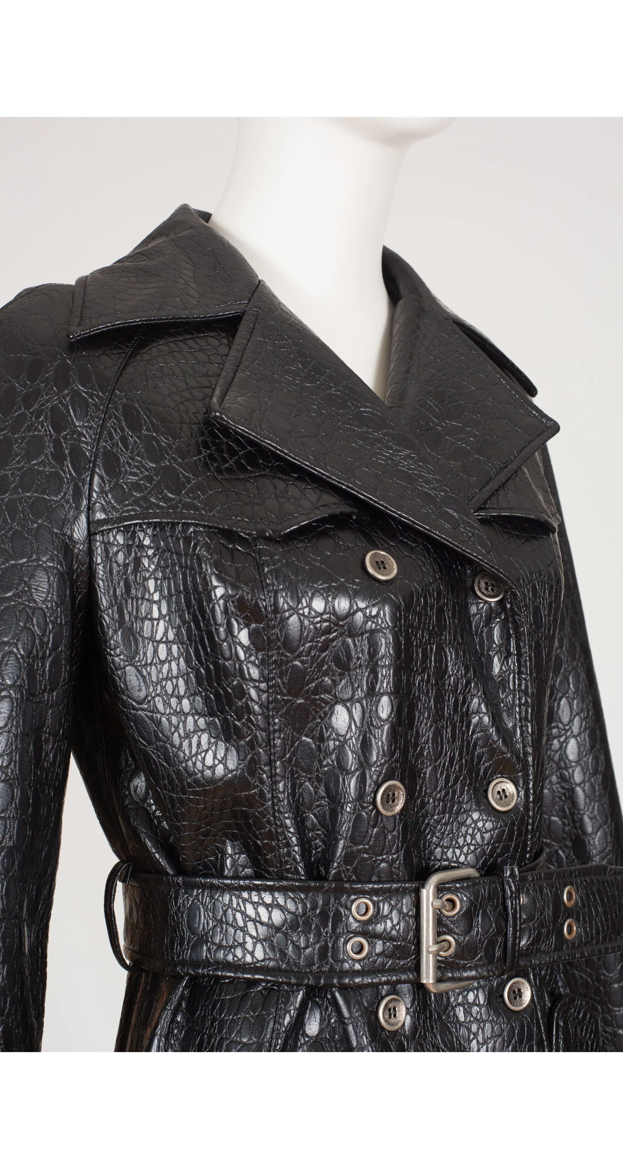 1970s Black Faux Crocodile Double-Breasted Trench Coat