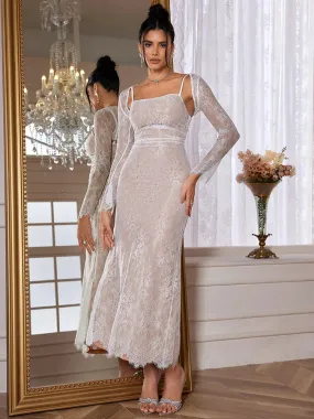 Amozae Maxi Women Wedding Party Dresses Elegant Vintage Lace Bodycon Formal Occasion Dress Detachable Cape Dress Female