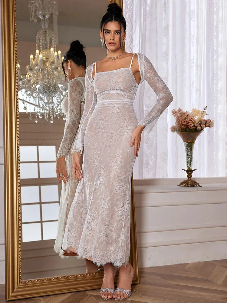 Amozae Maxi Women Wedding Party Dresses Elegant Vintage Lace Bodycon Formal Occasion Dress Detachable Cape Dress Female