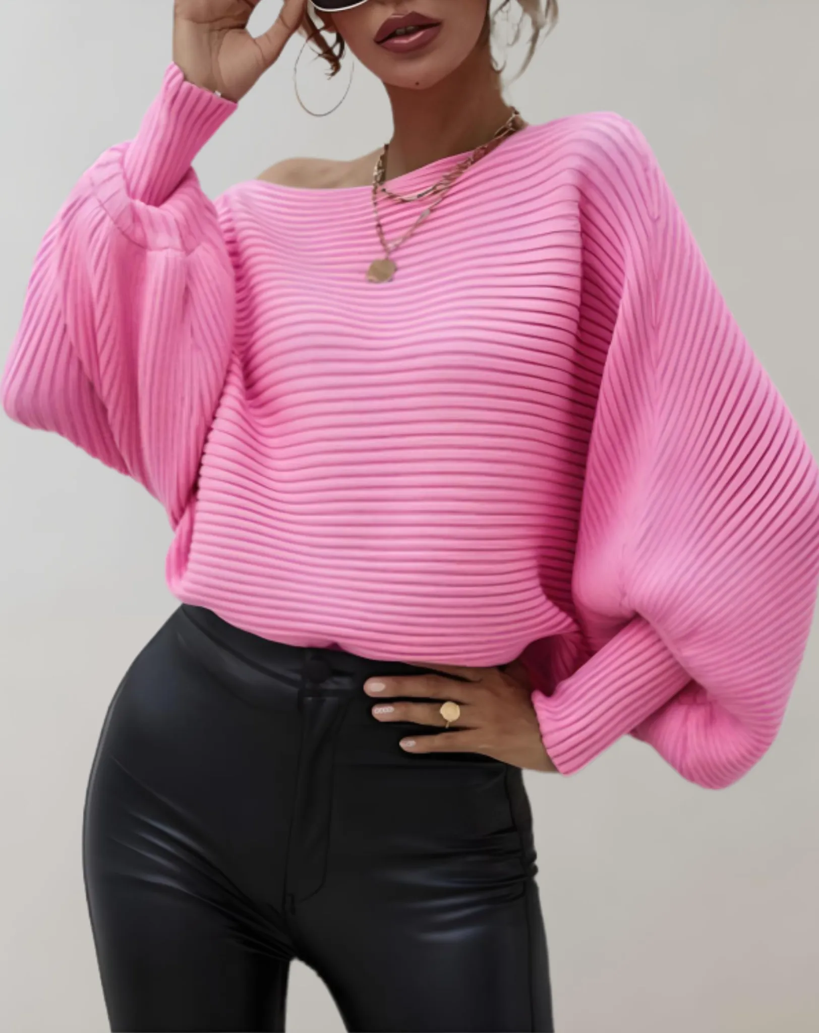 Angel Women's Large Puff Sleeve Tailored Sweater with Horizontal Rib Design