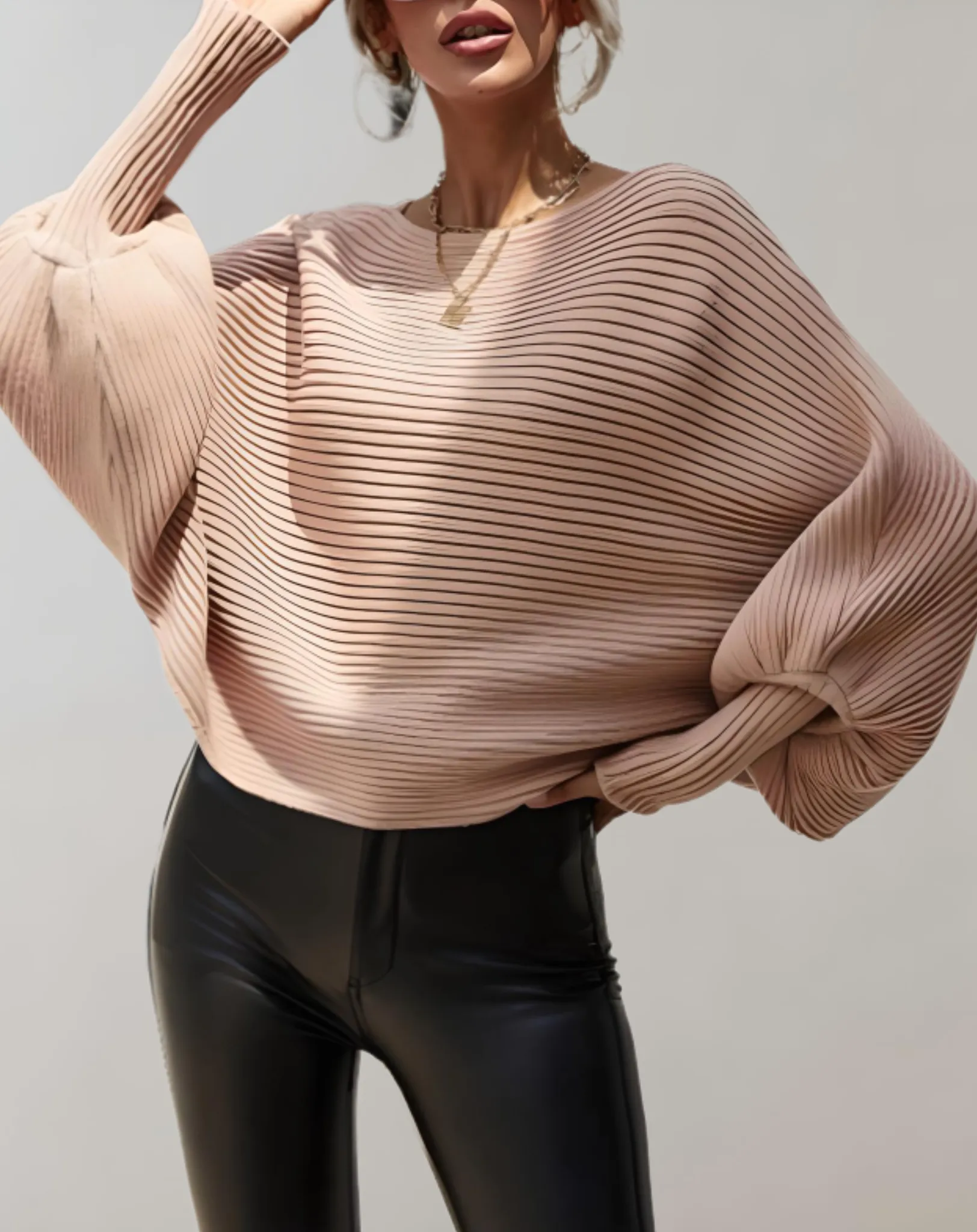 Angel Women's Large Puff Sleeve Tailored Sweater with Horizontal Rib Design