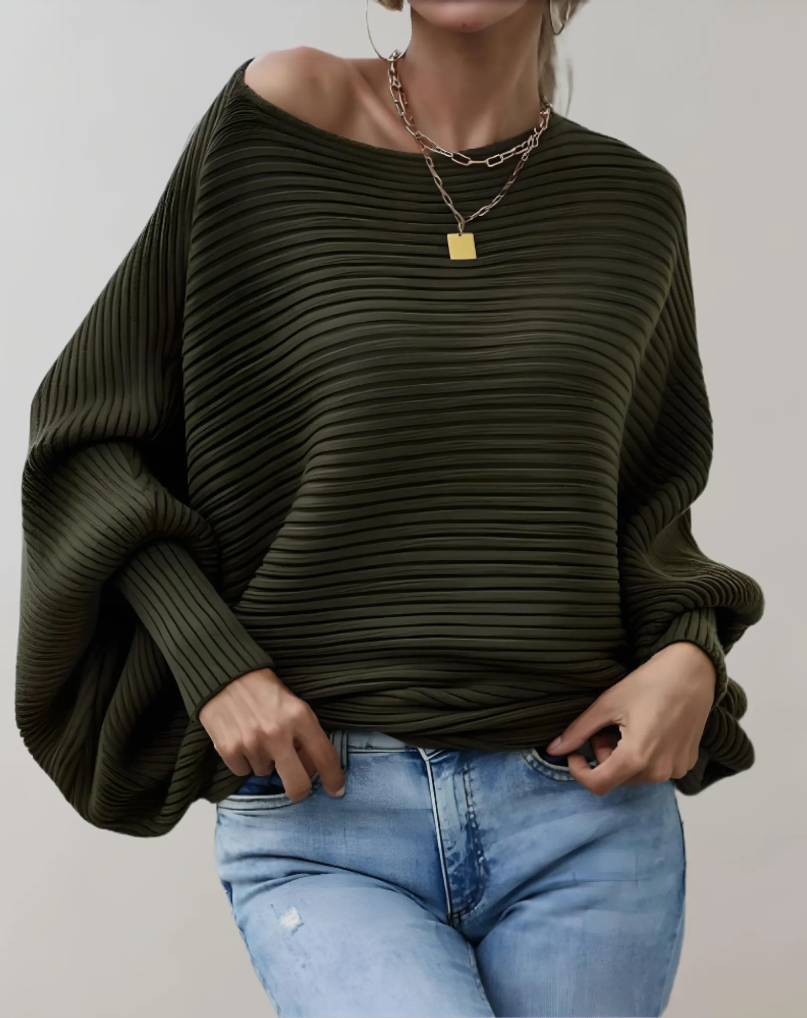 Angel Women's Large Puff Sleeve Tailored Sweater with Horizontal Rib Design