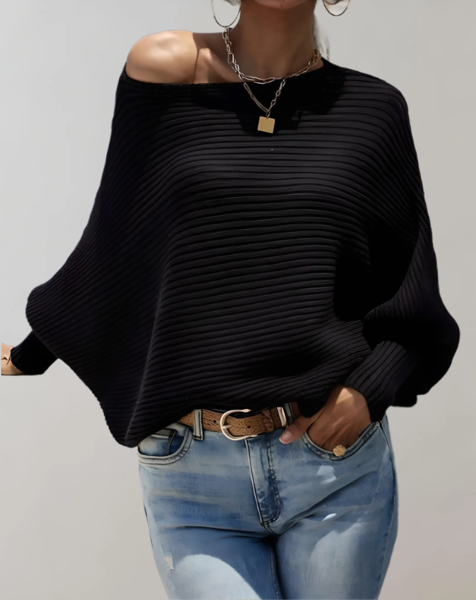 Angel Women's Large Puff Sleeve Tailored Sweater with Horizontal Rib Design
