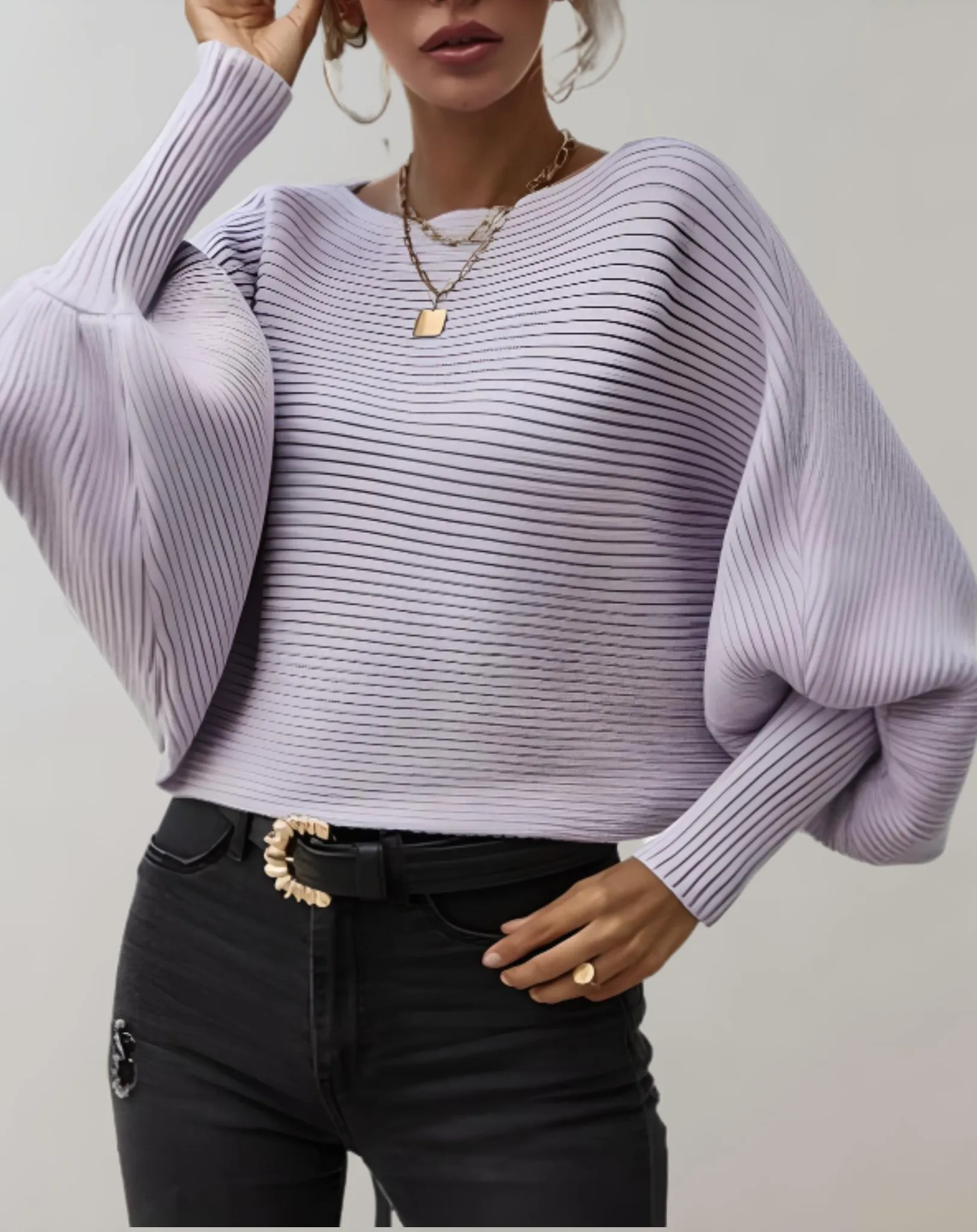 Angel Women's Large Puff Sleeve Tailored Sweater with Horizontal Rib Design