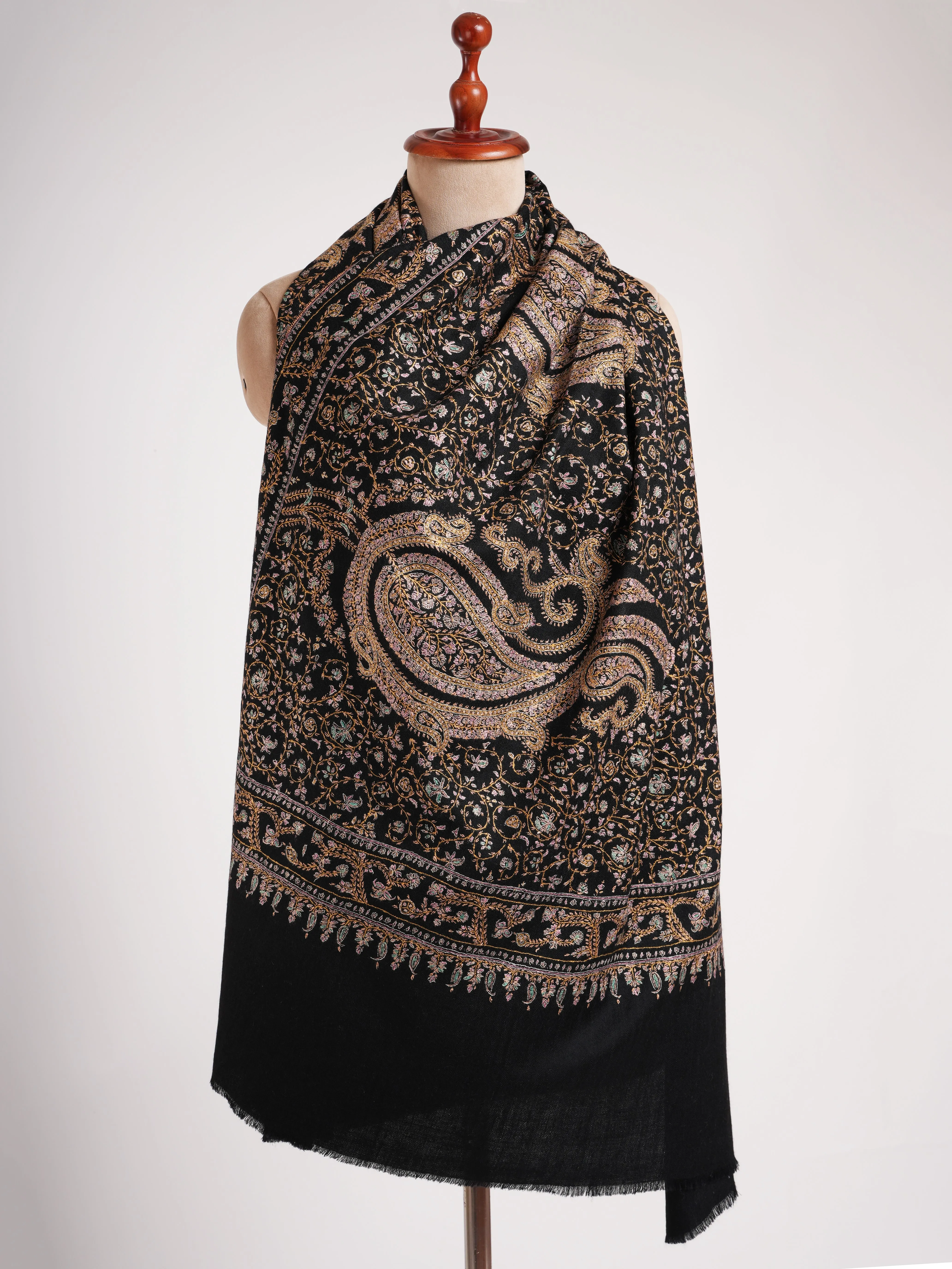 Black Pashmina Shawl with Embroidered Paisley Motif