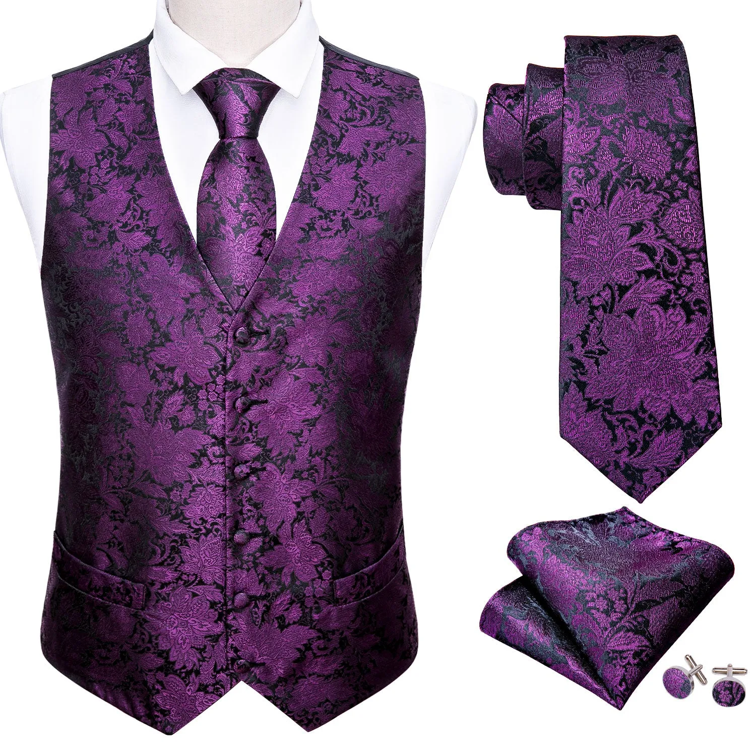Black Purple Floral Jacquard Silk Men's Vest Hanky Cufflinks Tie Set