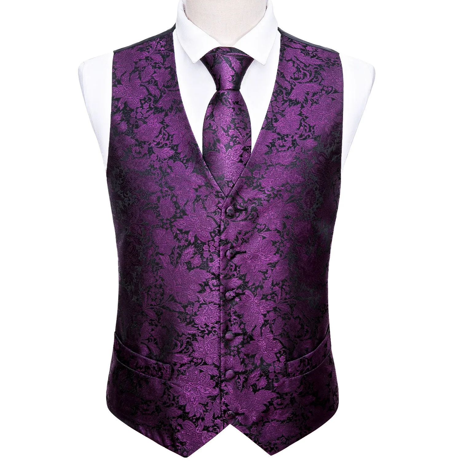 Black Purple Floral Jacquard Silk Men's Vest Hanky Cufflinks Tie Set
