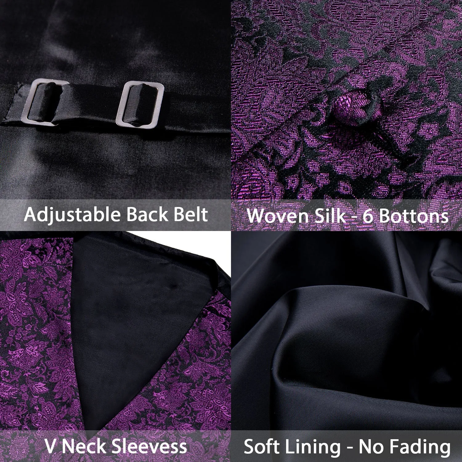 Black Purple Floral Jacquard Silk Men's Vest Hanky Cufflinks Tie Set