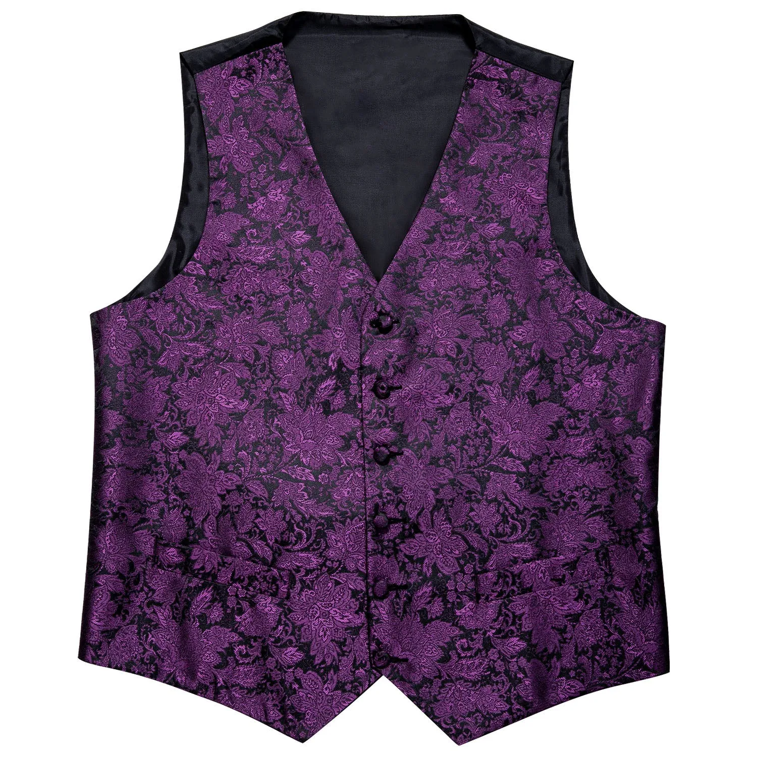 Black Purple Floral Jacquard Silk Men's Vest Hanky Cufflinks Tie Set