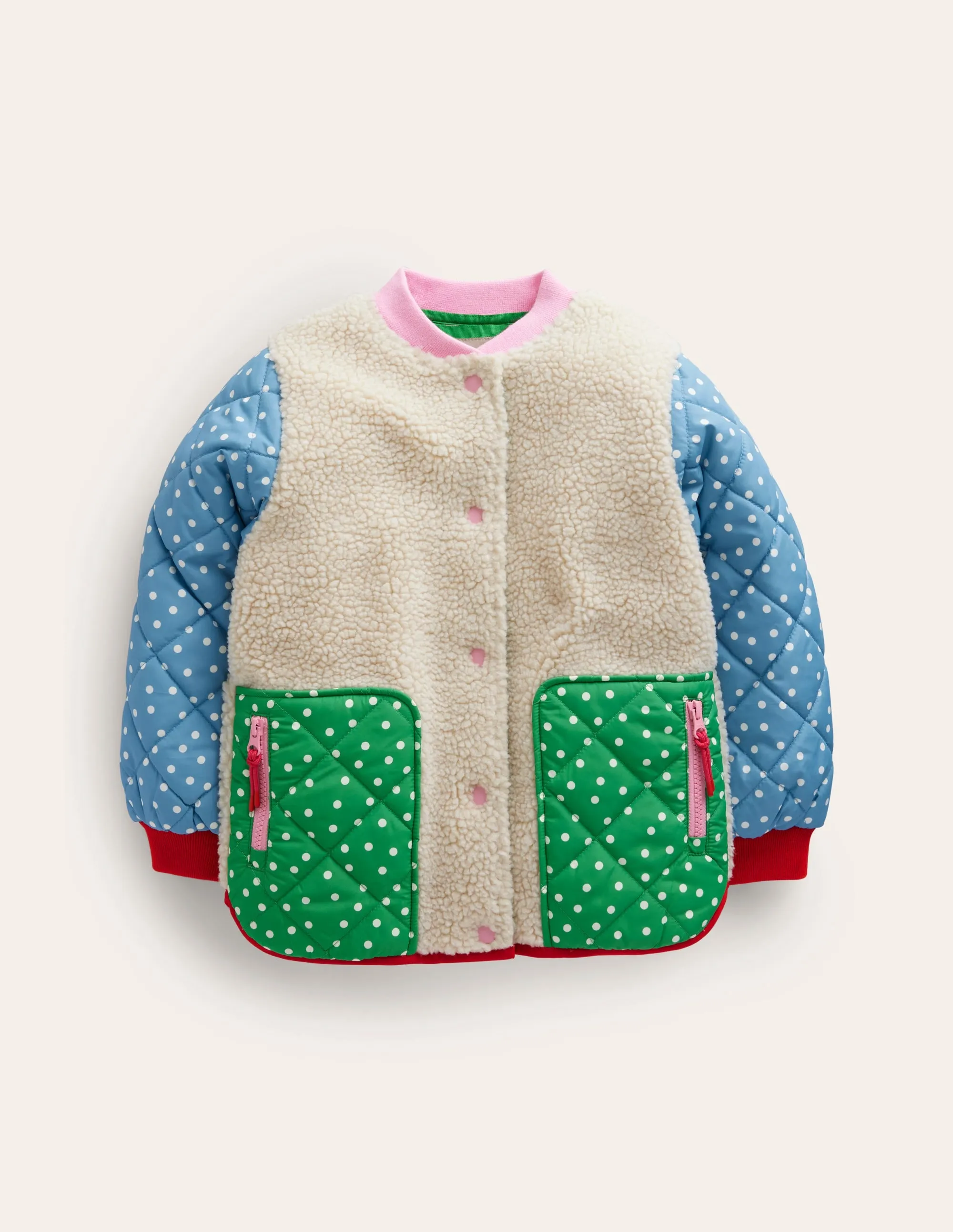 Borg Mix Bomber Jacket-Ivory / Colourblock Spot
