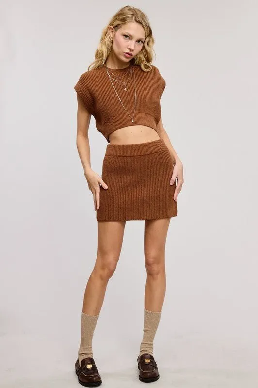Brown Ribbed Knit Vest Mini Skirt Set