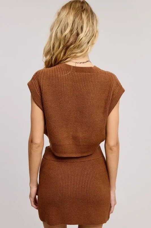 Brown Ribbed Knit Vest Mini Skirt Set