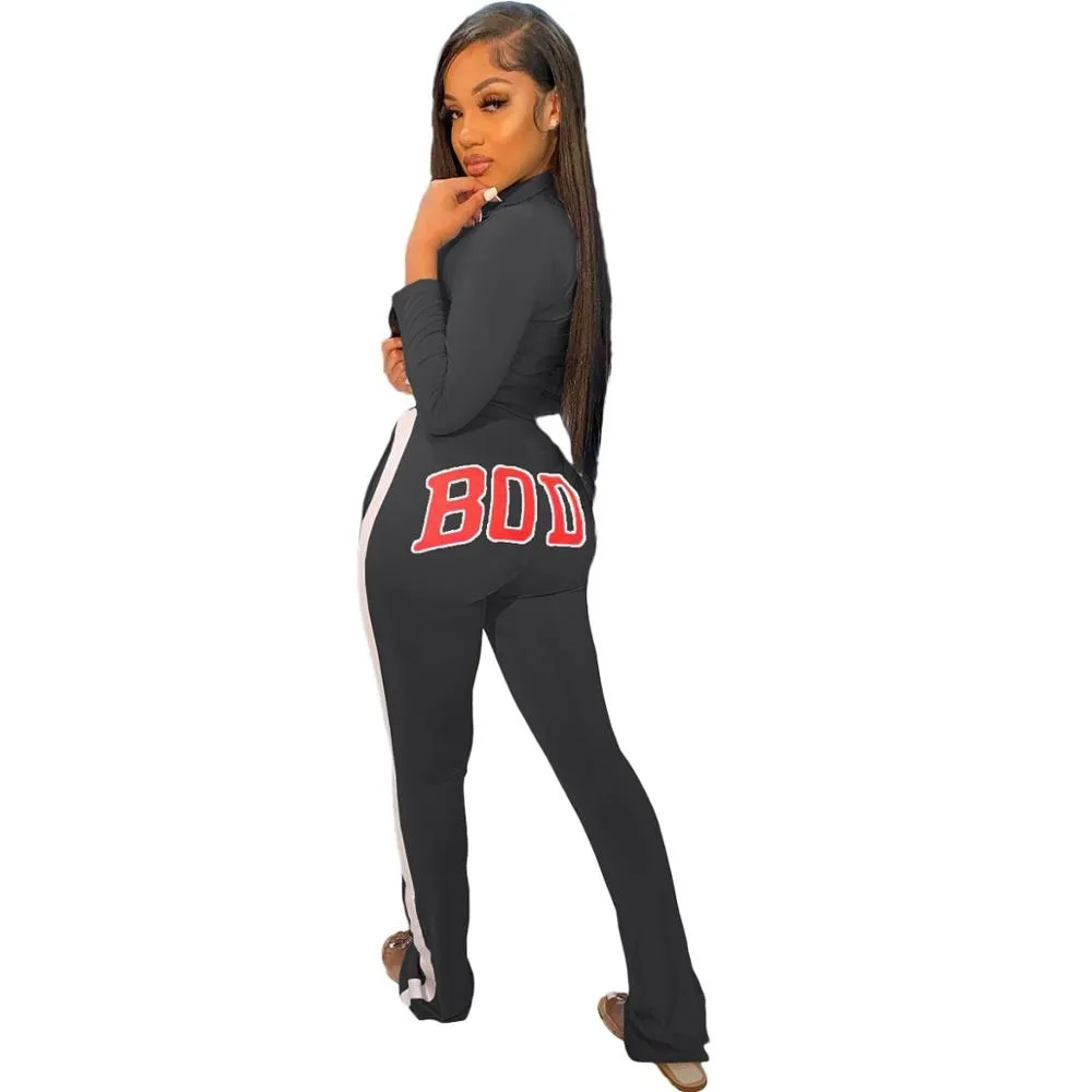 Casual Letter Print Women Two Piece Set Striped Sweater Jacket Coat   Long Pants Sportsuit Winter Clothes For Women Outfits