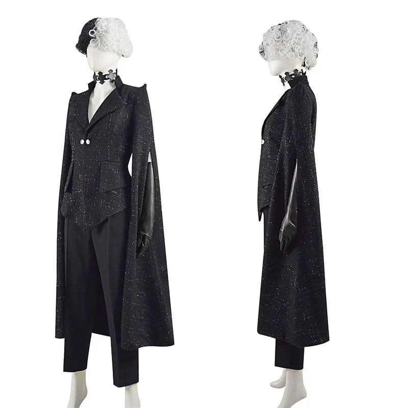 Cruella De Vil Cosplay 2021 Disney Movie Cruella Costume Black Coat With Wig