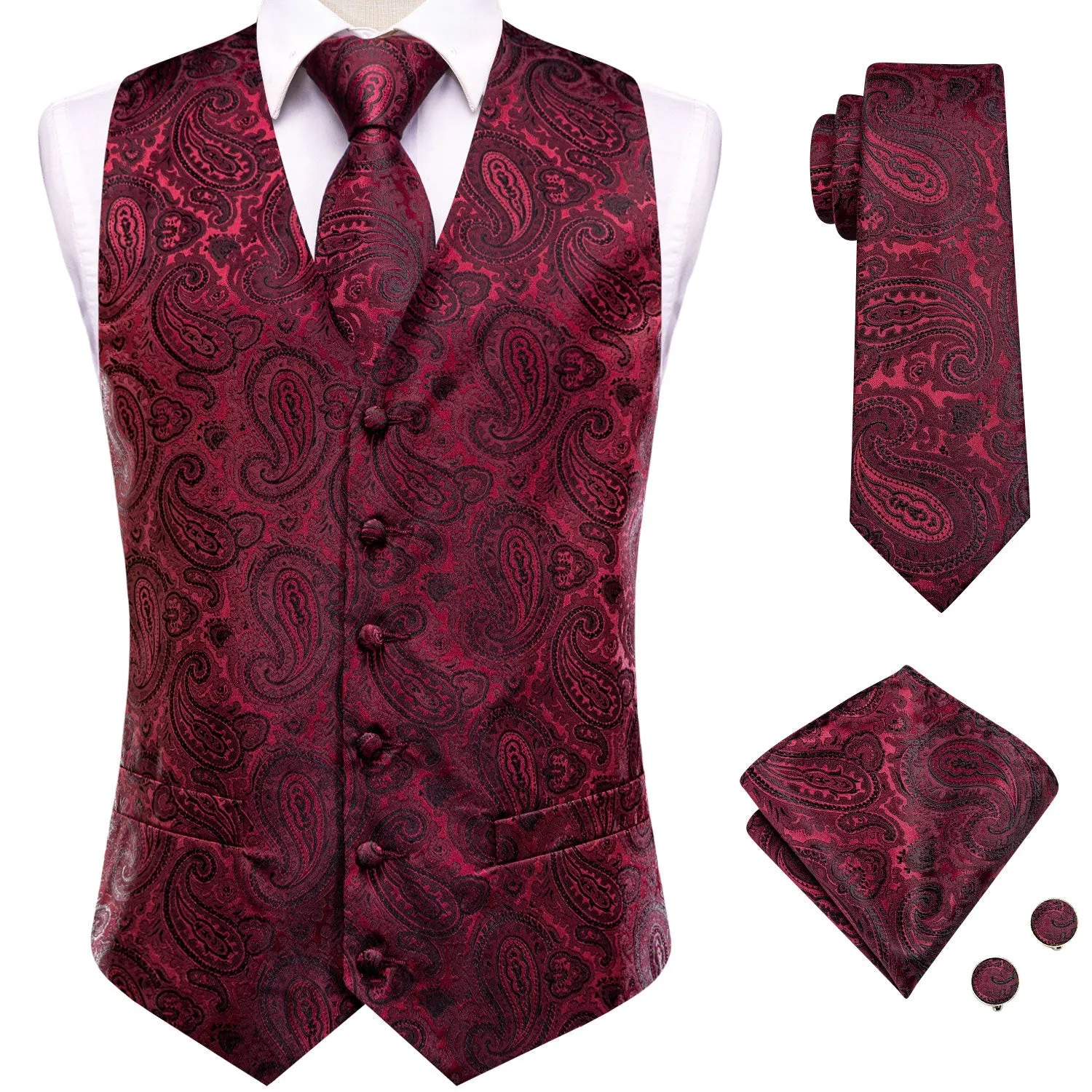DarkRed Black Paisley Jacquard Silk Men's Vest Hanky Cufflinks Tie Set