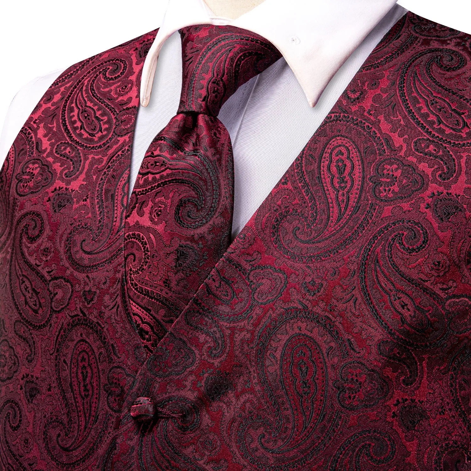 DarkRed Black Paisley Jacquard Silk Men's Vest Hanky Cufflinks Tie Set