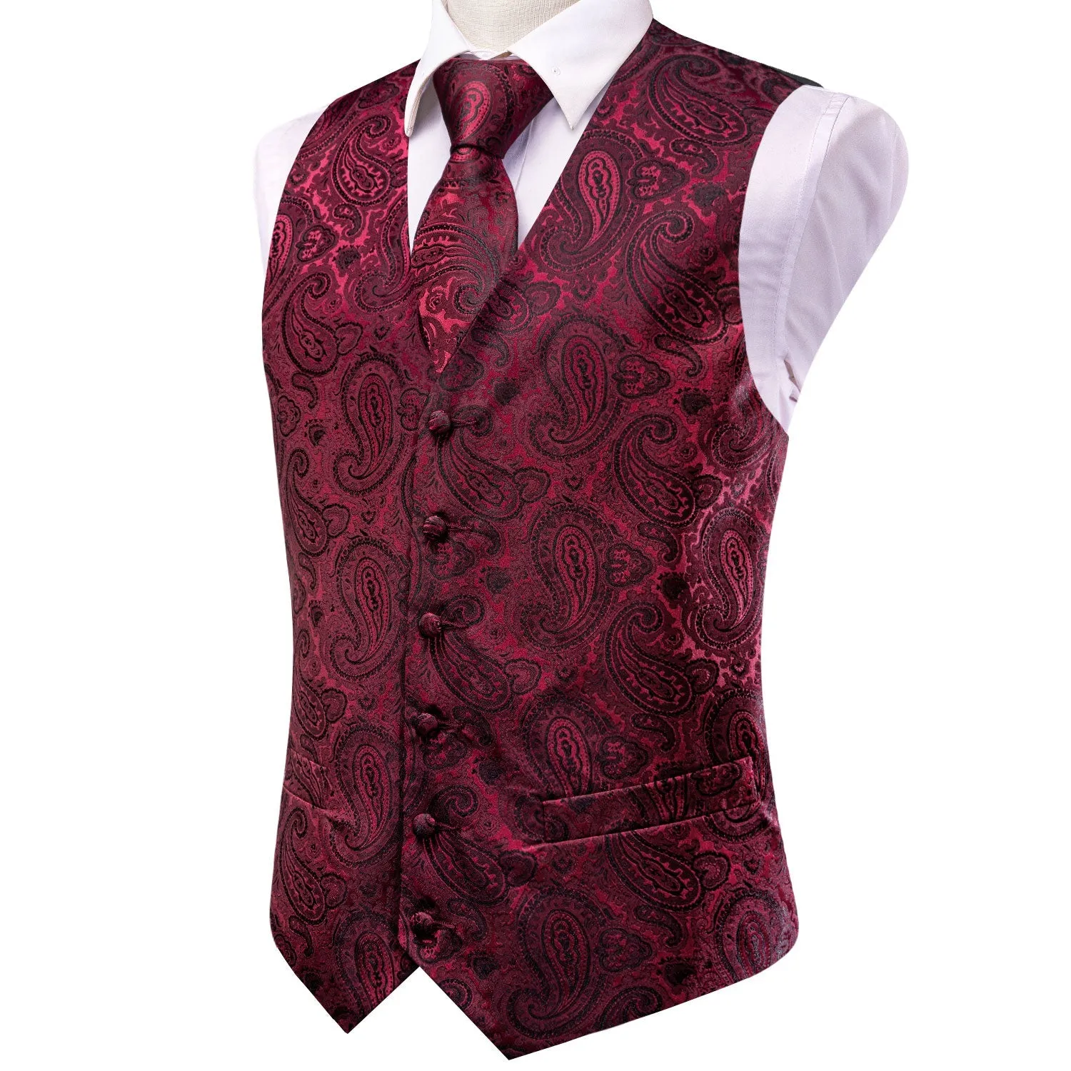 DarkRed Black Paisley Jacquard Silk Men's Vest Hanky Cufflinks Tie Set