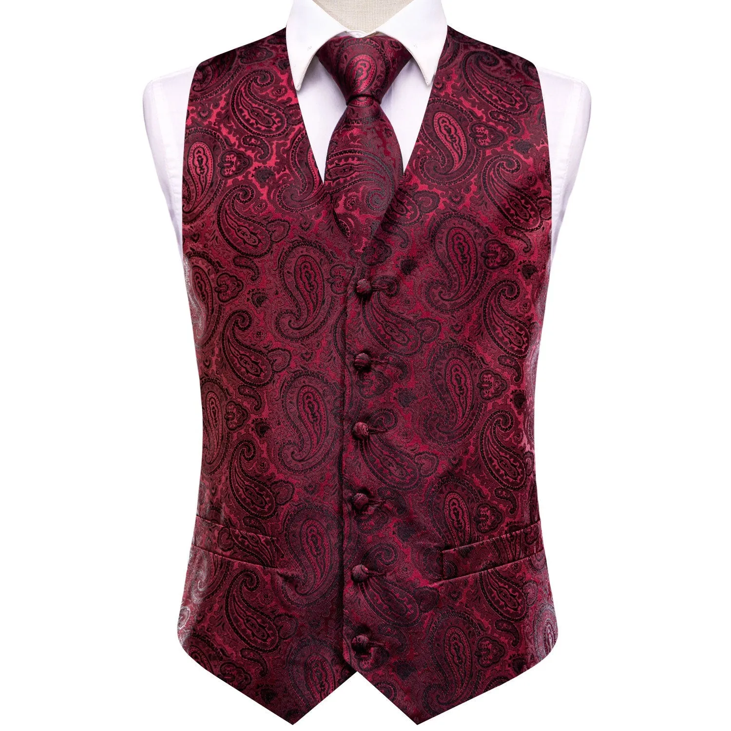 DarkRed Black Paisley Jacquard Silk Men's Vest Hanky Cufflinks Tie Set