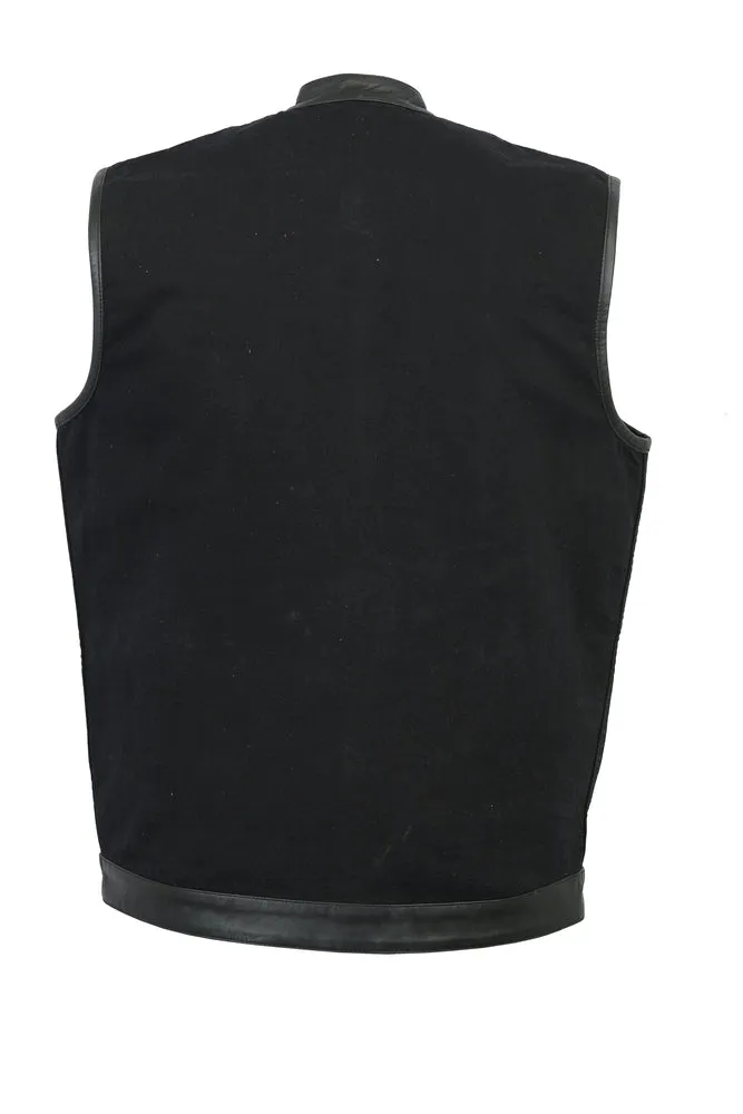 DM992 Men's Black Denim Vest Leather Trim with Collar