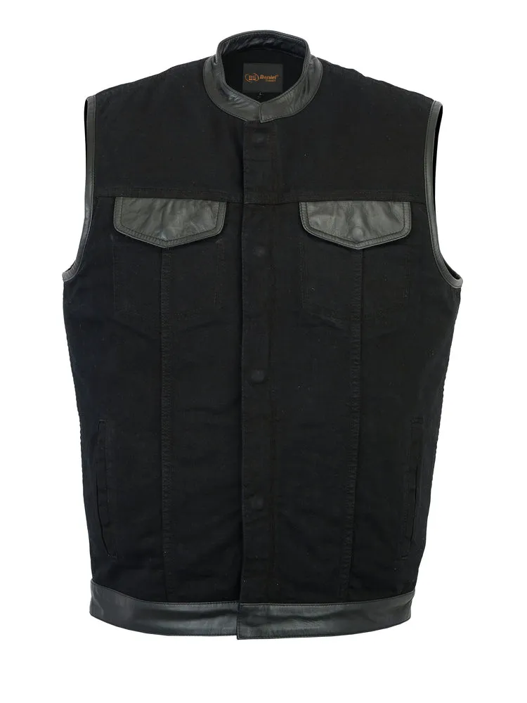 DM992 Men's Black Denim Vest Leather Trim with Collar