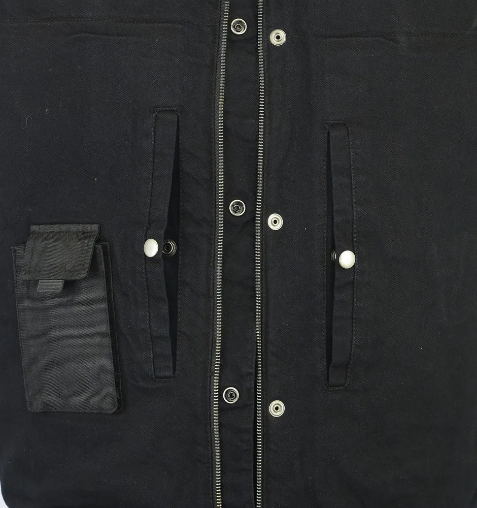 DM992 Men's Black Denim Vest Leather Trim with Collar