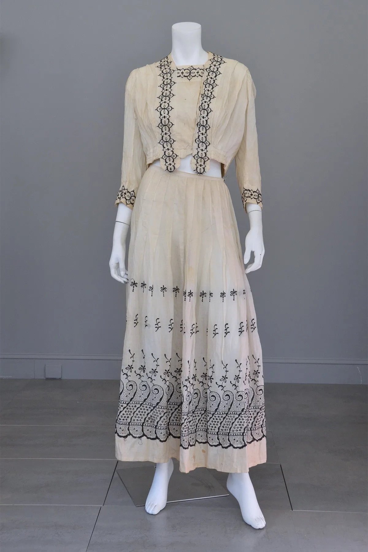 Embroidered Black on Off White Two-Piece Edwardian Peasant Dress Bodice Skirt