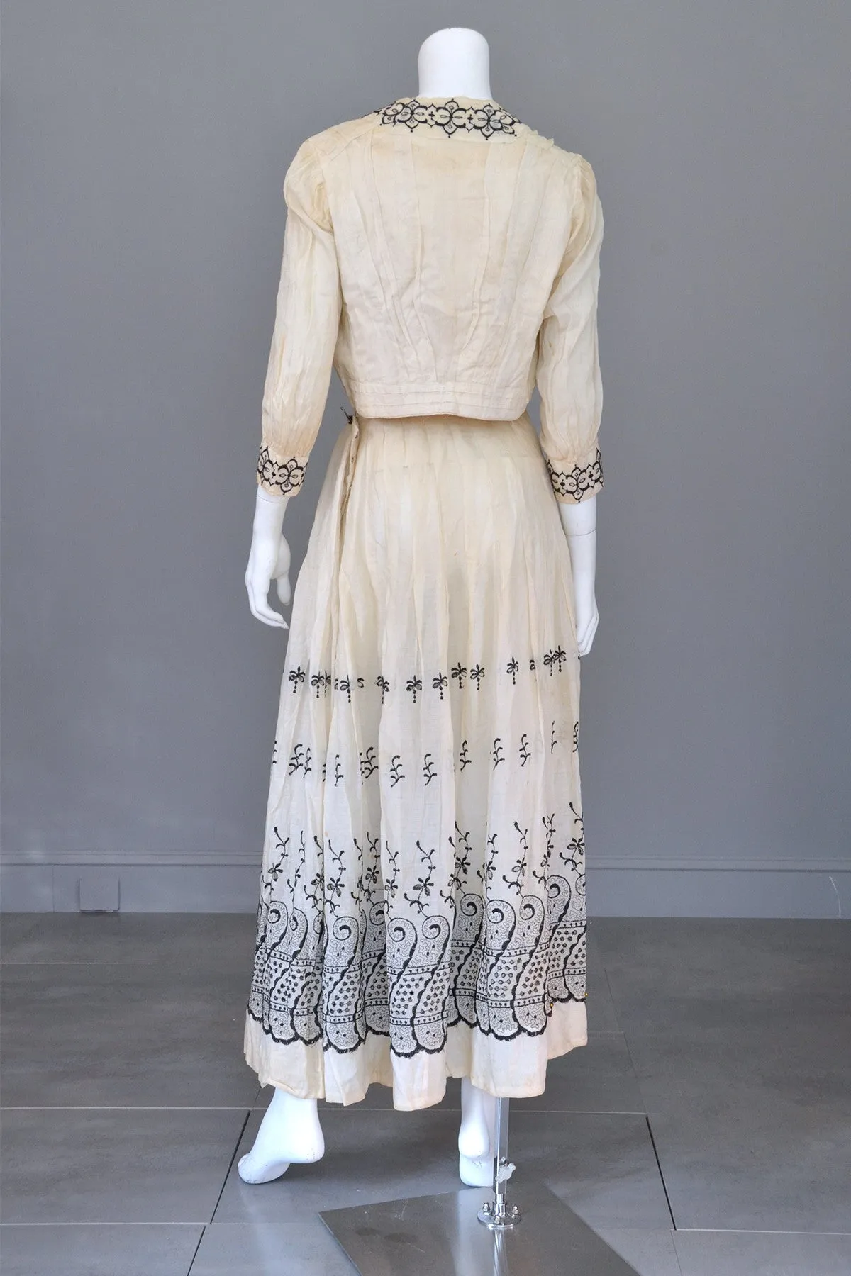 Embroidered Black on Off White Two-Piece Edwardian Peasant Dress Bodice Skirt