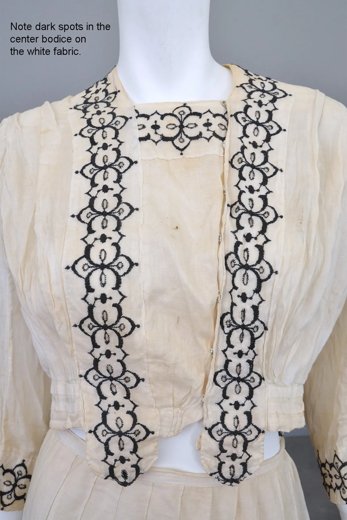 Embroidered Black on Off White Two-Piece Edwardian Peasant Dress Bodice Skirt