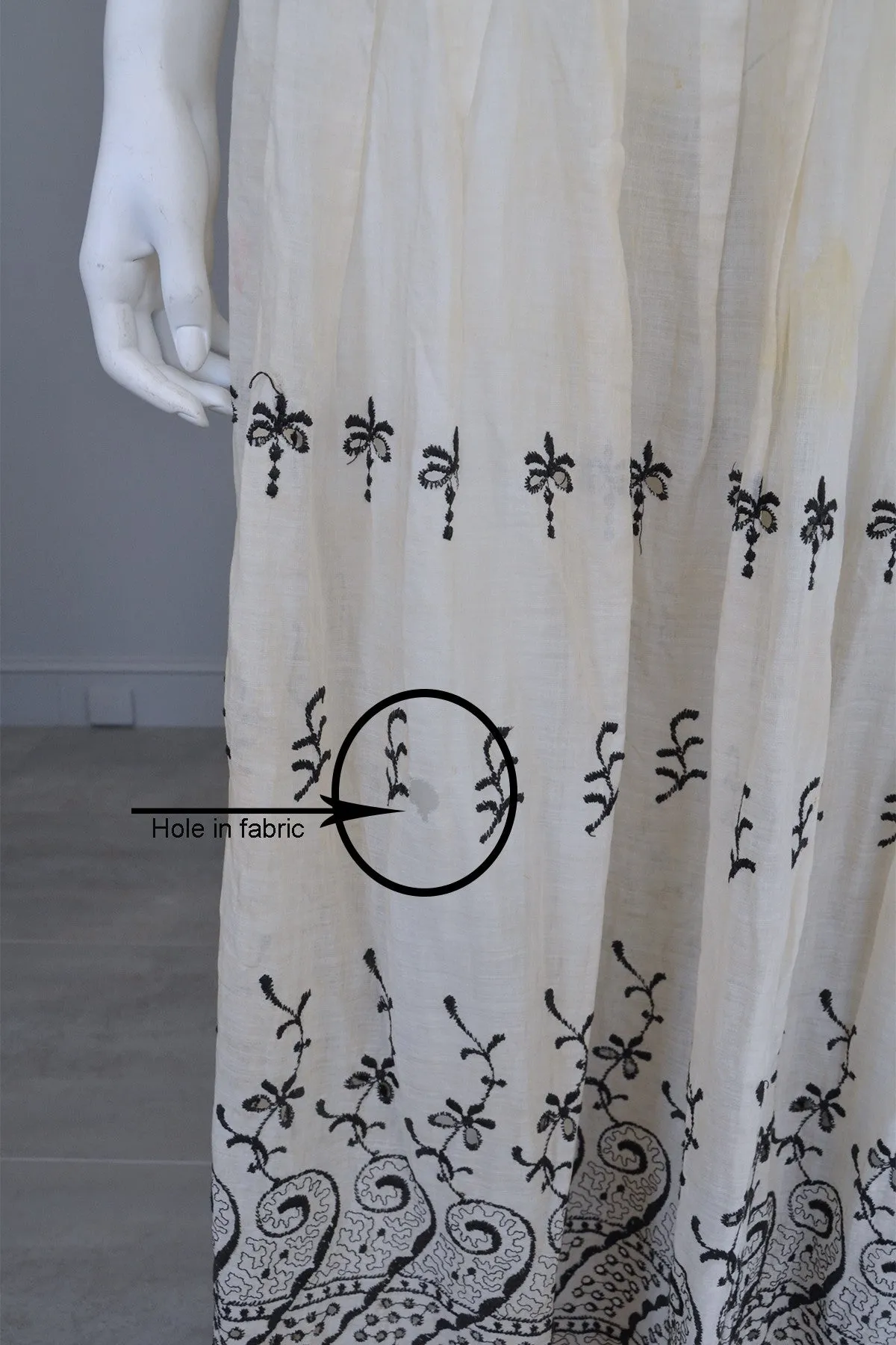 Embroidered Black on Off White Two-Piece Edwardian Peasant Dress Bodice Skirt