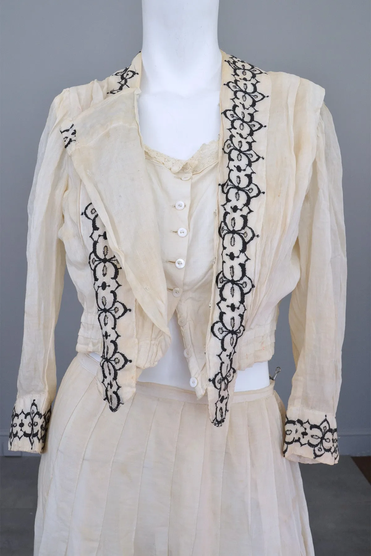 Embroidered Black on Off White Two-Piece Edwardian Peasant Dress Bodice Skirt