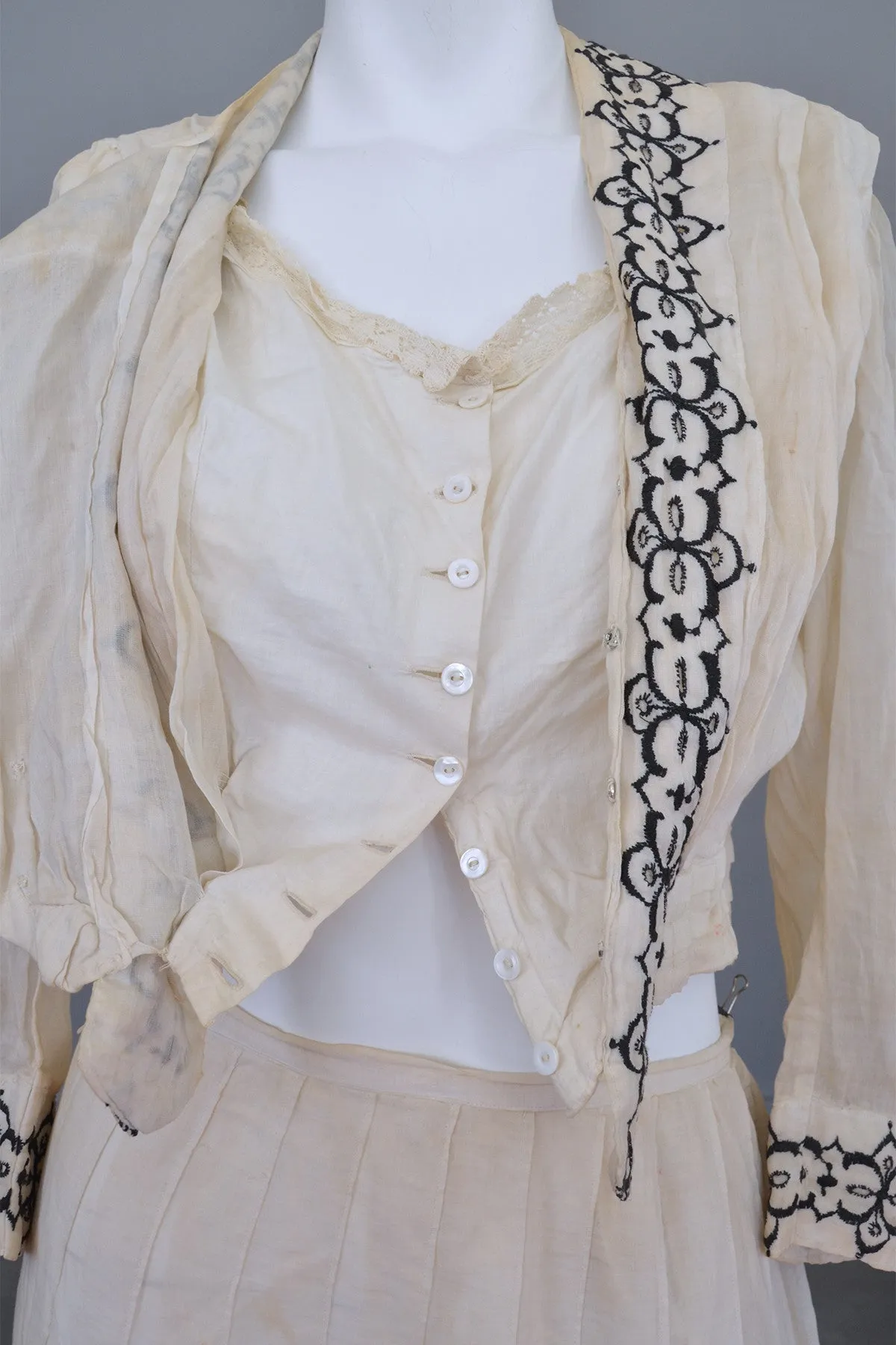 Embroidered Black on Off White Two-Piece Edwardian Peasant Dress Bodice Skirt