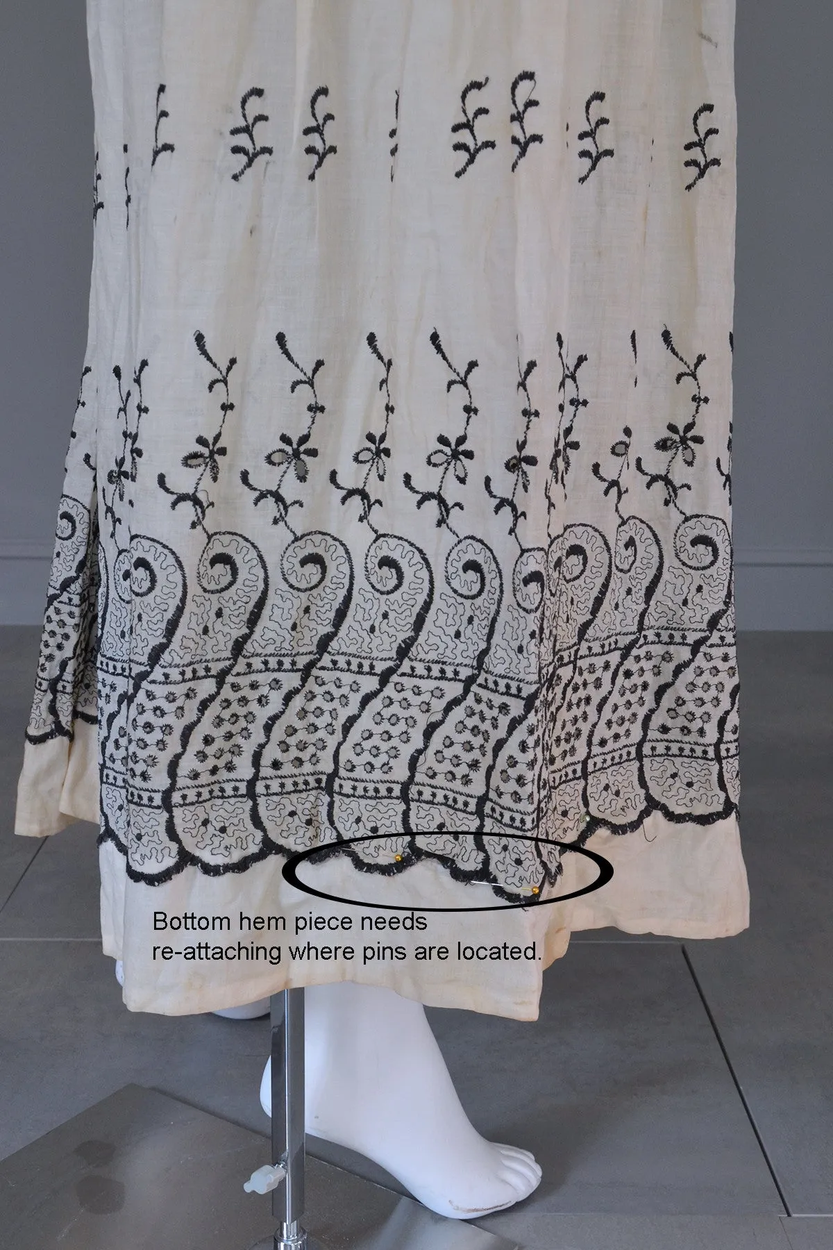 Embroidered Black on Off White Two-Piece Edwardian Peasant Dress Bodice Skirt