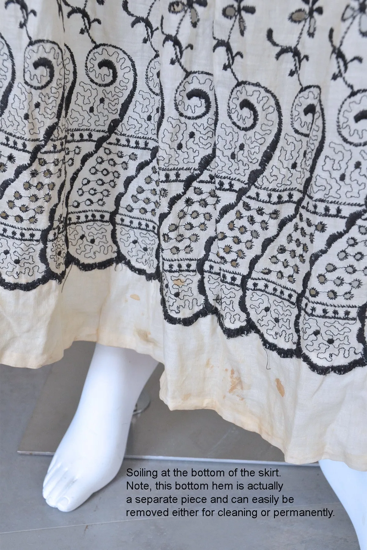 Embroidered Black on Off White Two-Piece Edwardian Peasant Dress Bodice Skirt