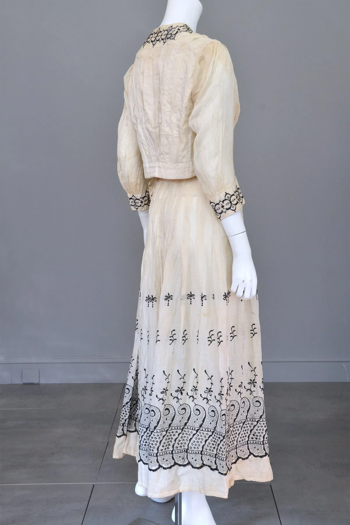 Embroidered Black on Off White Two-Piece Edwardian Peasant Dress Bodice Skirt