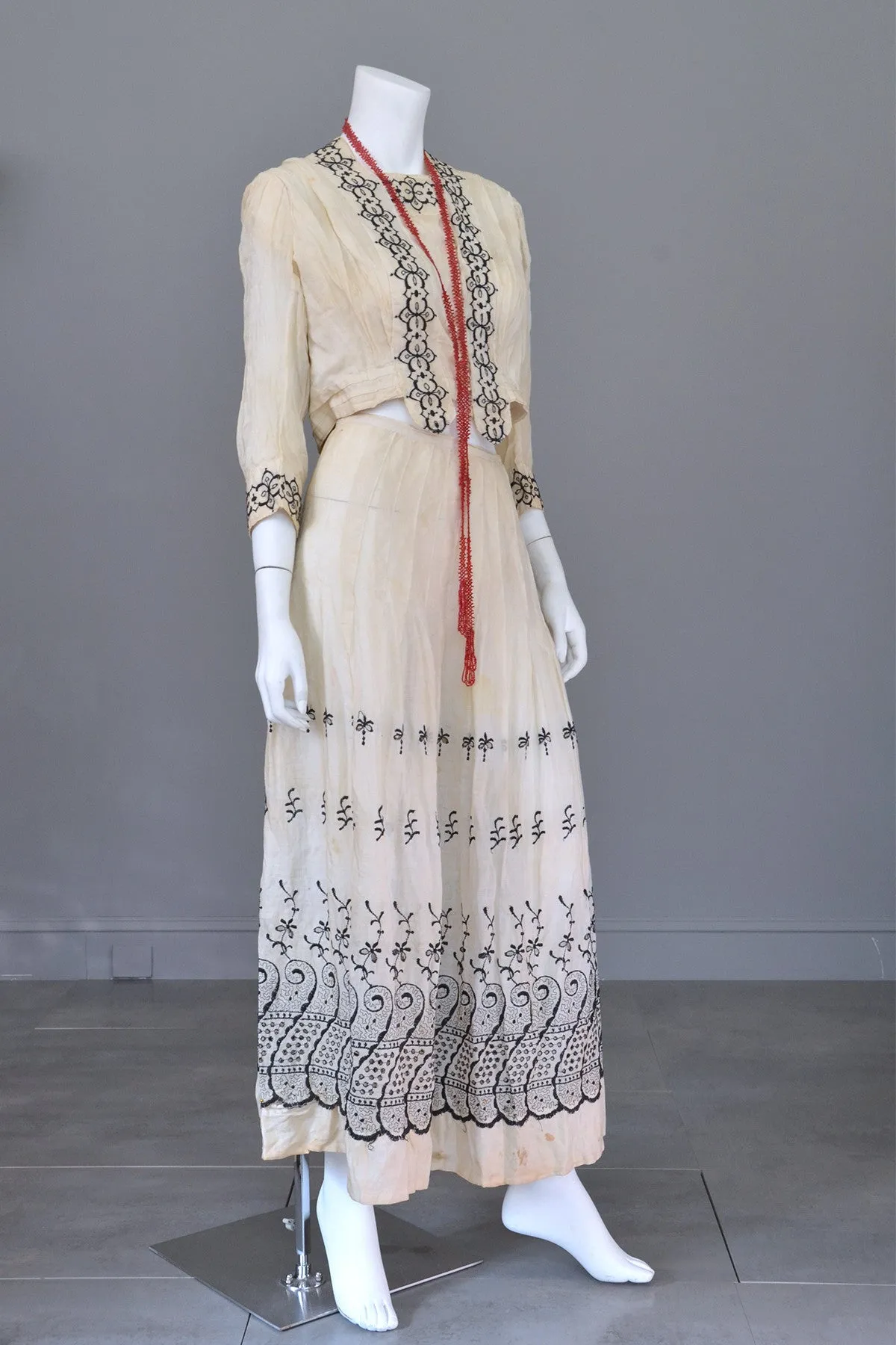 Embroidered Black on Off White Two-Piece Edwardian Peasant Dress Bodice Skirt