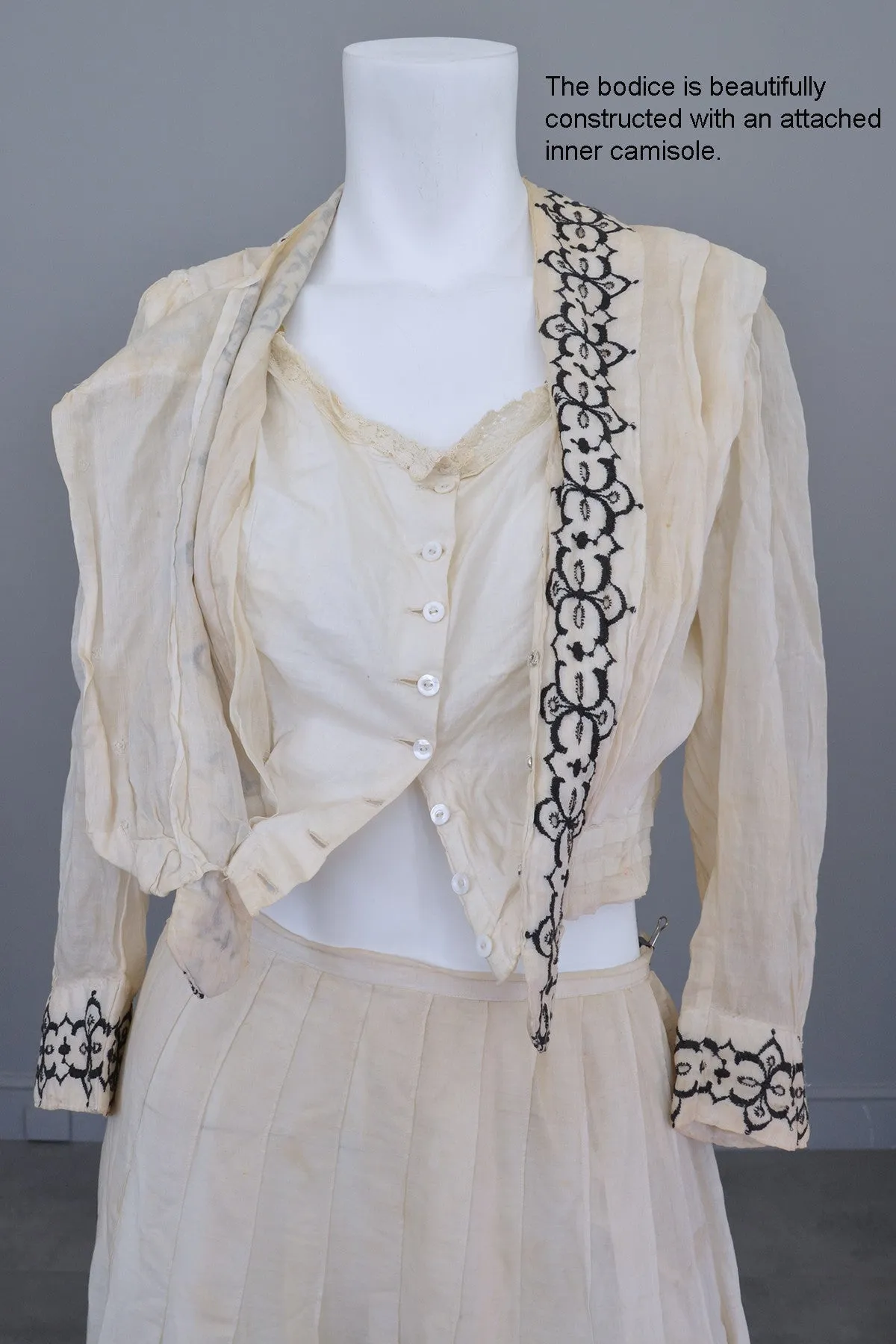 Embroidered Black on Off White Two-Piece Edwardian Peasant Dress Bodice Skirt