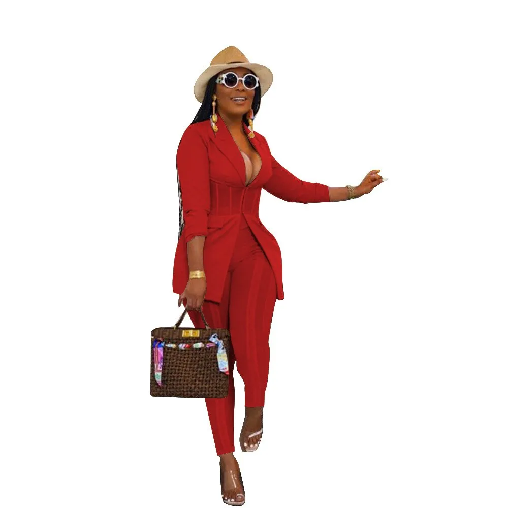 Fashionkova  Elegant Ladies Two Piece Sets 2023 Autumn Fashion New All Over Print Long Sleeve Corset Blazer Coat & Pants Set
