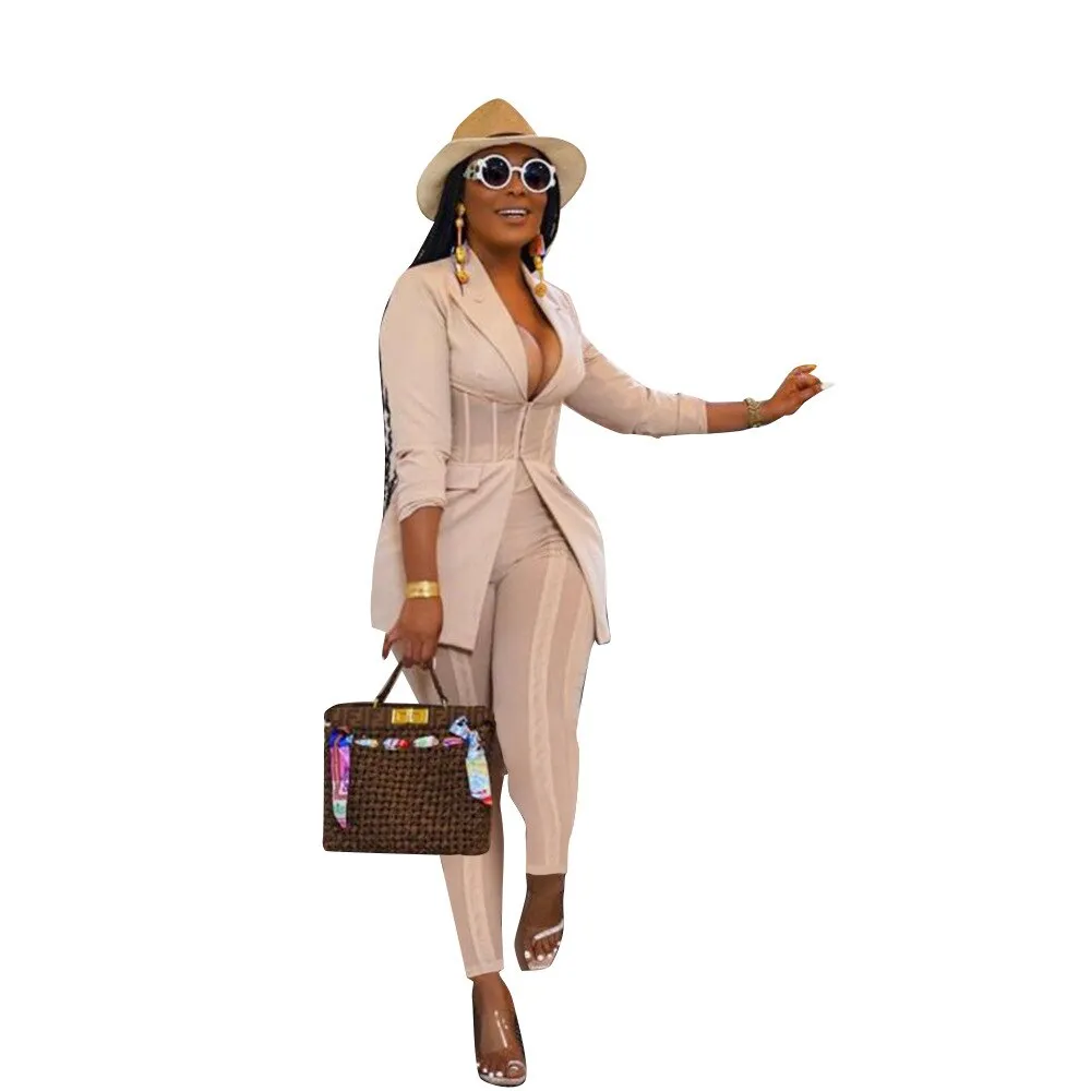 Fashionkova  Elegant Ladies Two Piece Sets 2023 Autumn Fashion New All Over Print Long Sleeve Corset Blazer Coat & Pants Set