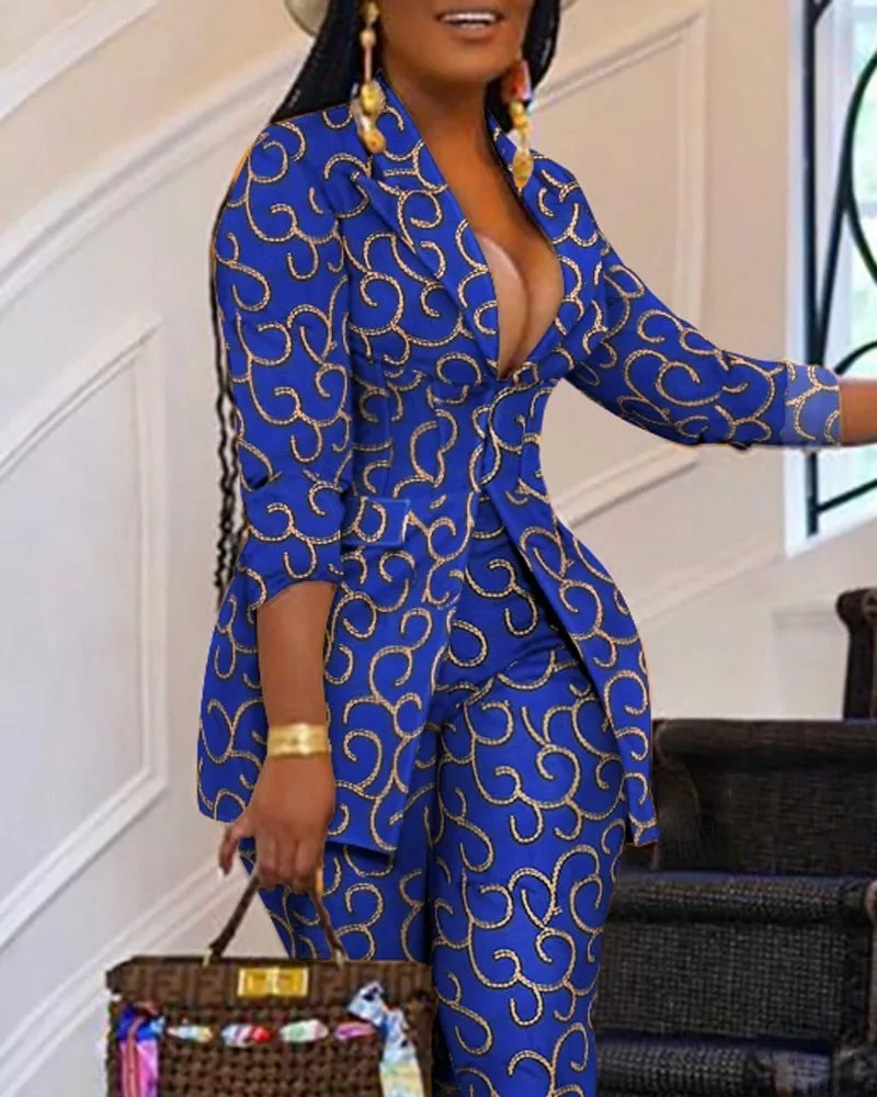 Fashionkova  Elegant Ladies Two Piece Sets 2023 Autumn Fashion New All Over Print Long Sleeve Corset Blazer Coat & Pants Set