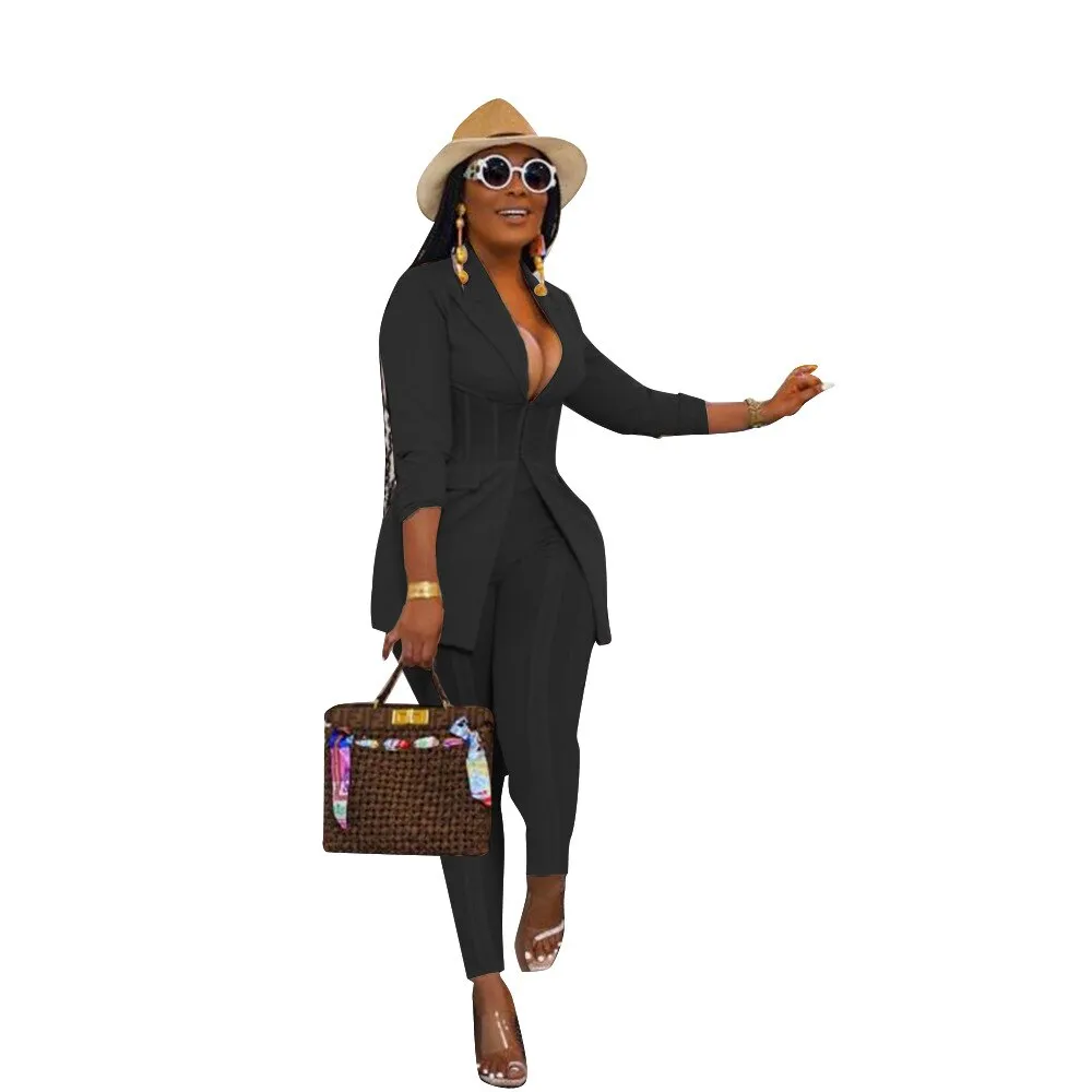 Fashionkova  Elegant Ladies Two Piece Sets 2023 Autumn Fashion New All Over Print Long Sleeve Corset Blazer Coat & Pants Set
