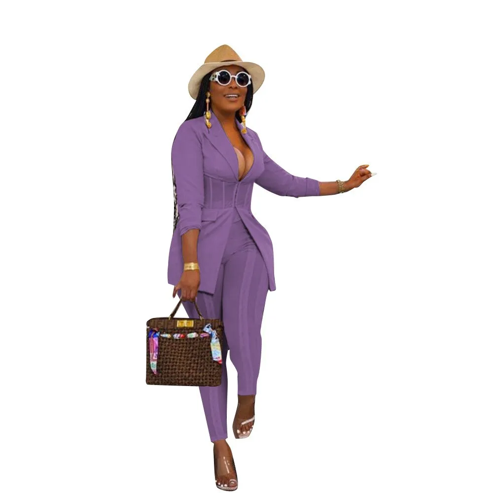 Fashionkova  Elegant Ladies Two Piece Sets 2023 Autumn Fashion New All Over Print Long Sleeve Corset Blazer Coat & Pants Set