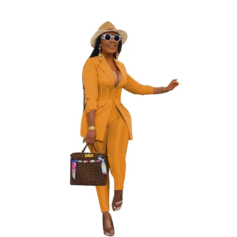 Fashionkova  Elegant Ladies Two Piece Sets 2023 Autumn Fashion New All Over Print Long Sleeve Corset Blazer Coat & Pants Set