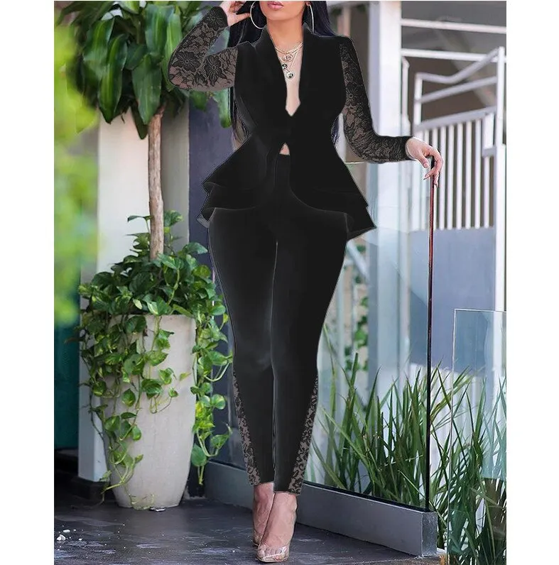 Fashionkova  Elegant Ladies Two Piece Sets 2023 Autumn Fashion New All Over Print Long Sleeve Corset Blazer Coat & Pants Set