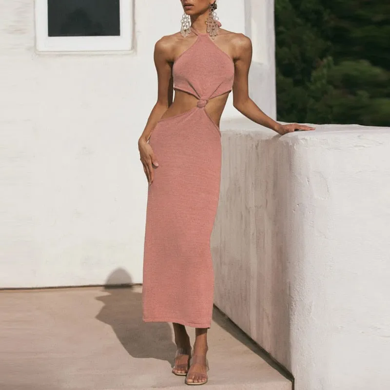 Graduation Gifts  Sexy Vacation Outfits Knitted Halter Maxi Dresses for Women 2021 Elegant Dress Sets Holiday Beach Sundresses C76-CZ25