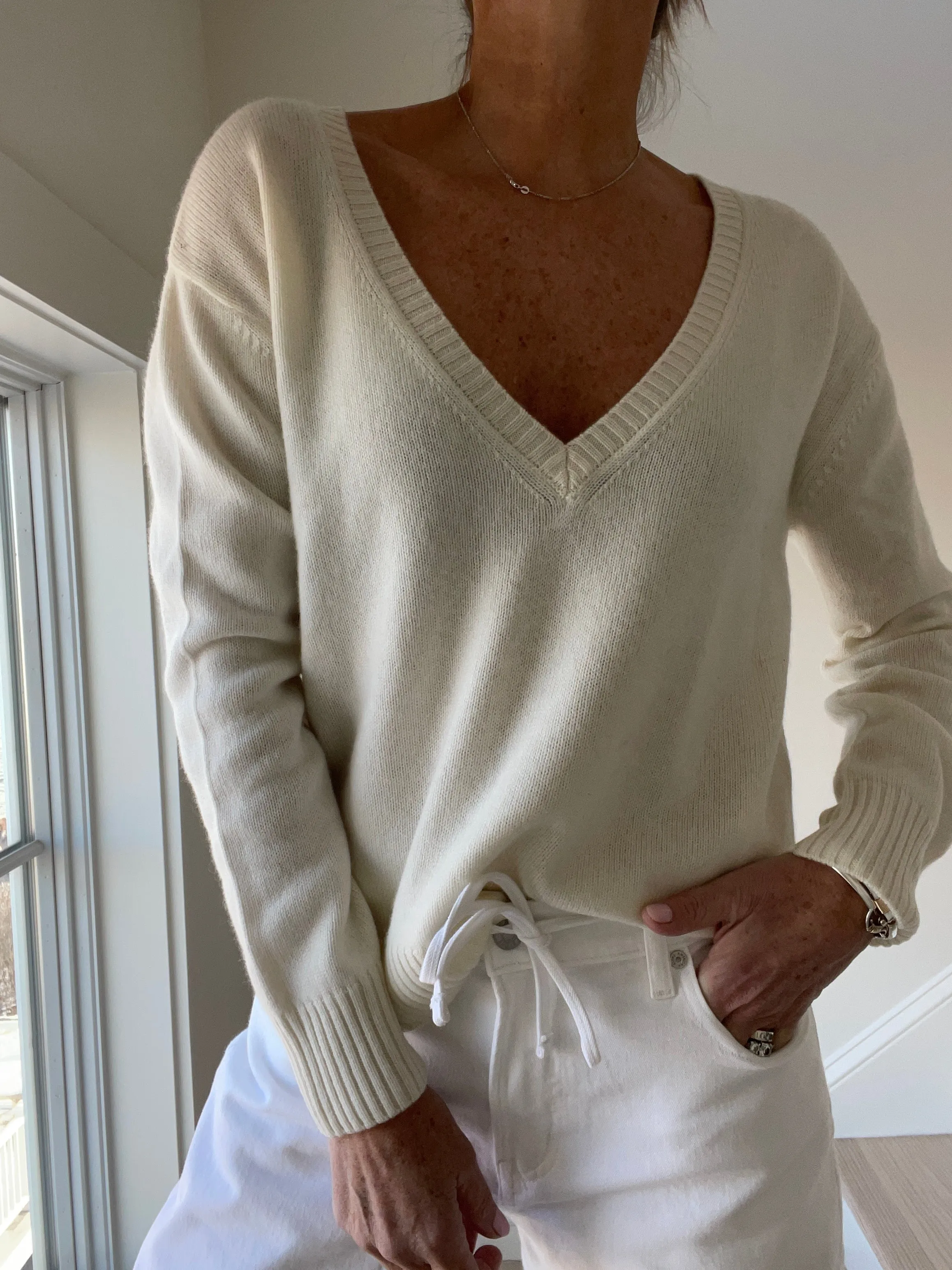 Ivory Deep V-Neck Bee Cashmere Sweater