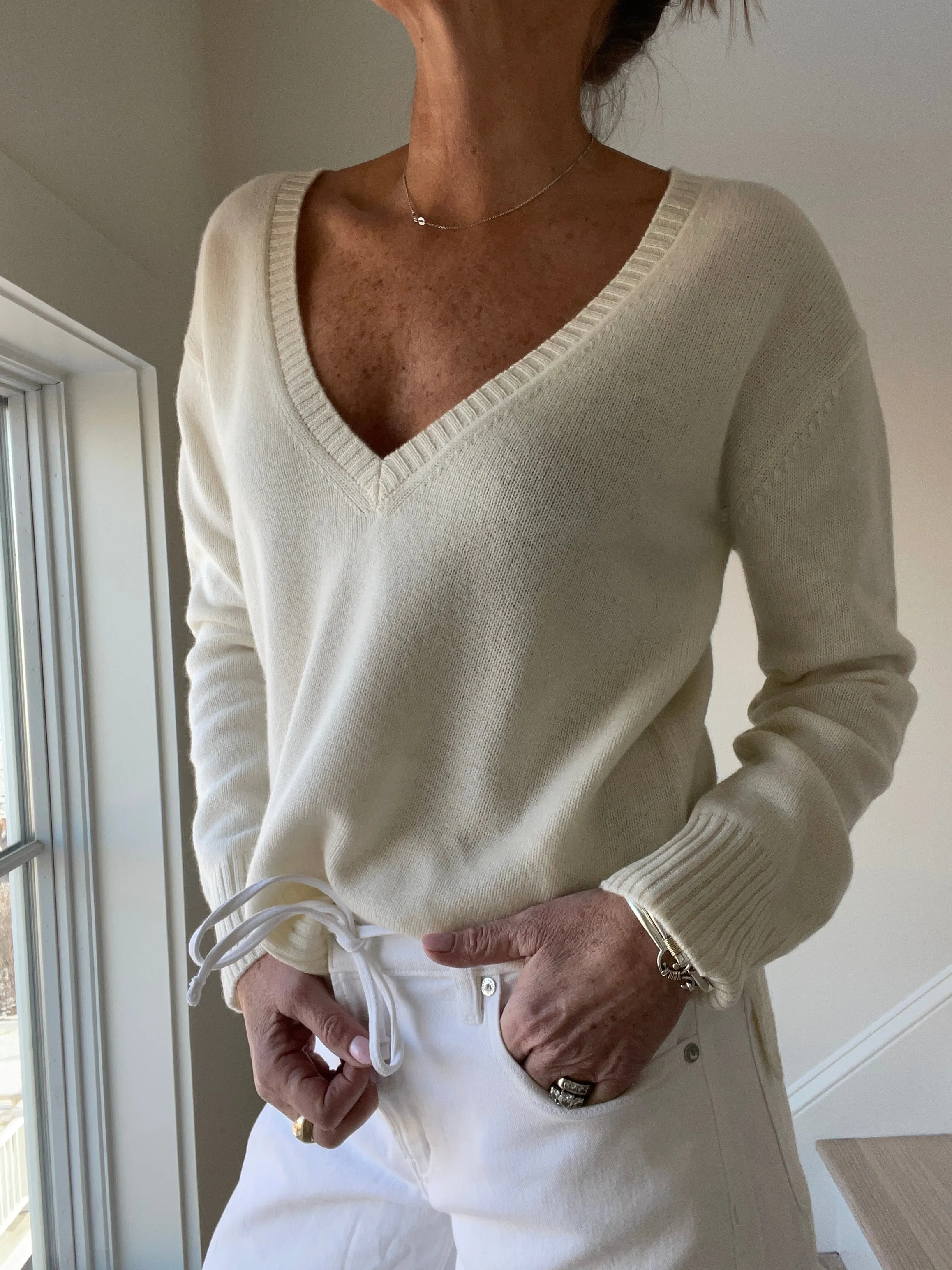 Ivory Deep V-Neck Bee Cashmere Sweater