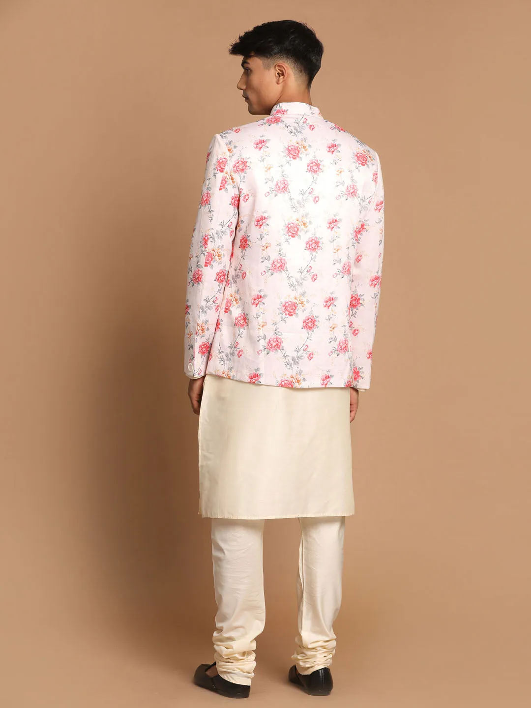 Jashvi Baap Beta Peach Floral Print Jodhpuri With Cream Solid Kurta And Pyjama Set.