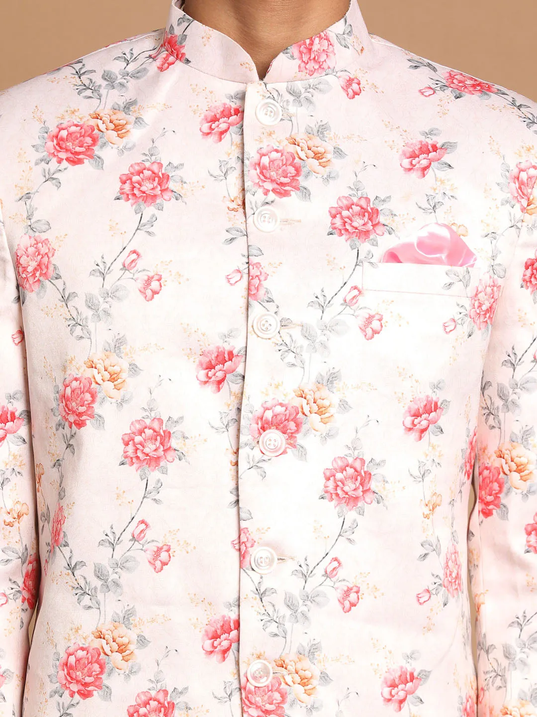 Jashvi Baap Beta Peach Floral Print Jodhpuri With Cream Solid Kurta And Pyjama Set.